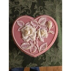 Beautiful Vintage Pink Incolay Stone Heart Shaped Box w/Roses, Larger Size